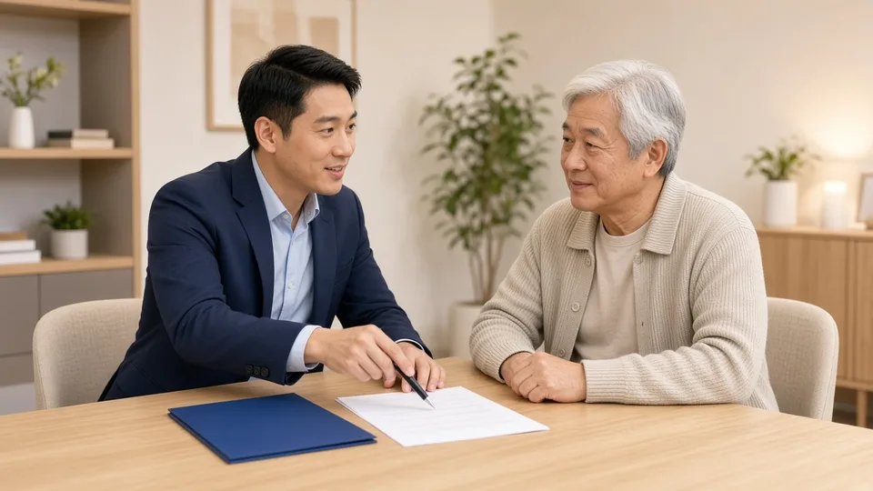 年輕顧問在諮詢室向長者講解估值報告與申請文件