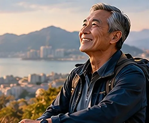 退休男士背著背囊行山，遠眺香港海港景色